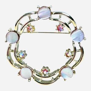Vintage Tara Mother of Pearl Pastel Rhinestones Gold Tone Circle Brooch